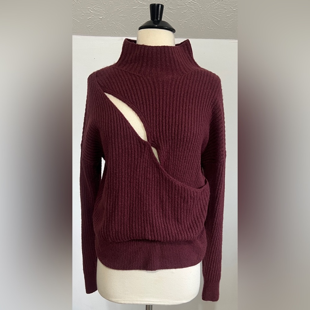 Open Edit Ribbed Cutout Mock Neck Sweater XS Burgundy